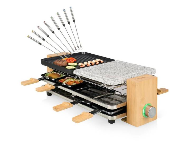 PRINCESS Raclette, 8 Raclettepfännchen, 1300 W, Bambus Gerät für 2-8 Personen Tisch-Grill & Steingrill-Platte & Gabeln