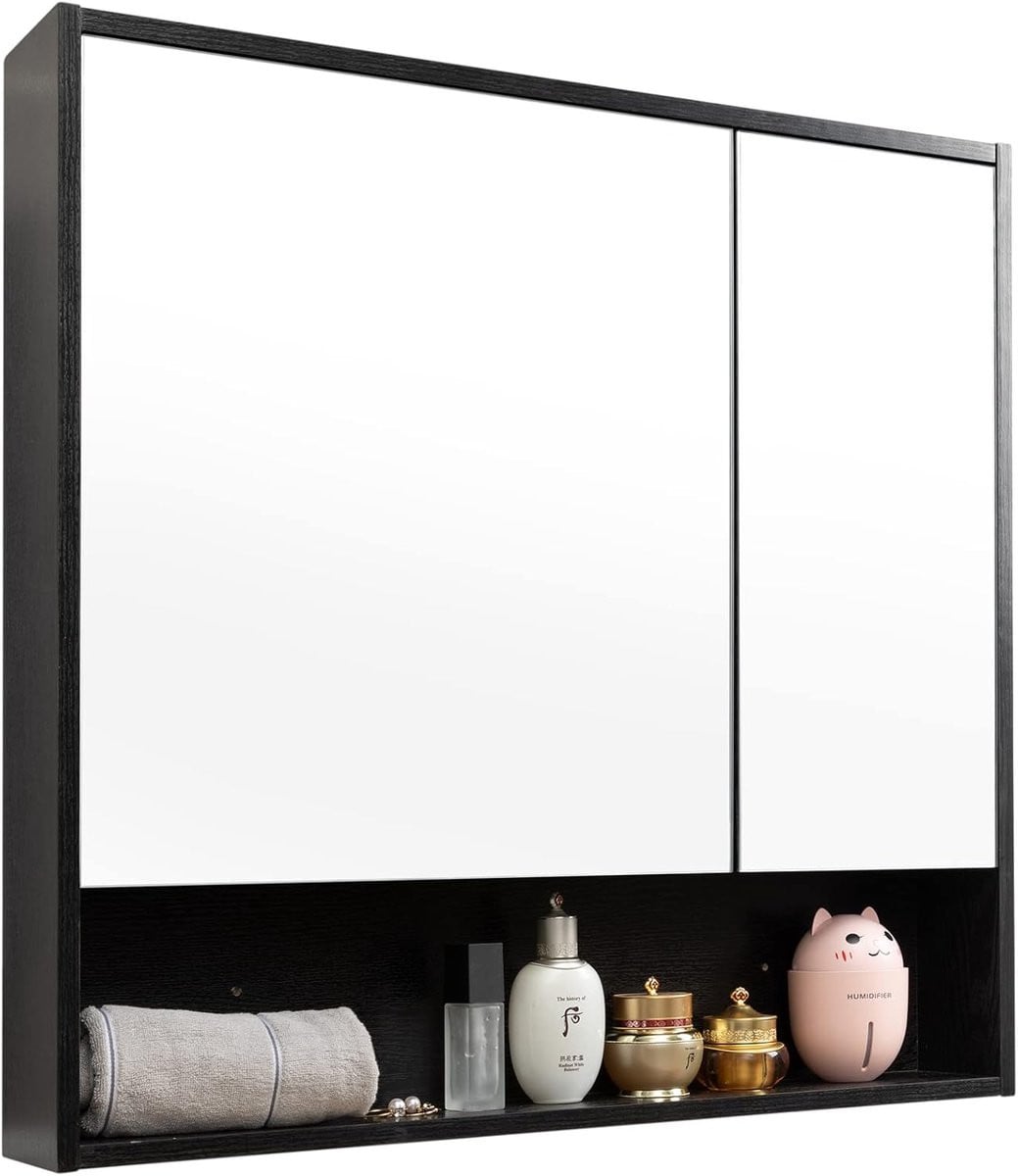Minimalistische zwarte badkamerkast met spiegeldeur en wandmontage