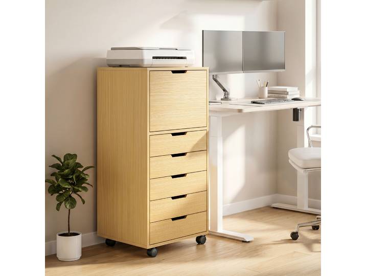 HOMCOM Caisson Bureau 5 Tiroirs Roulettes Armoire Naturel