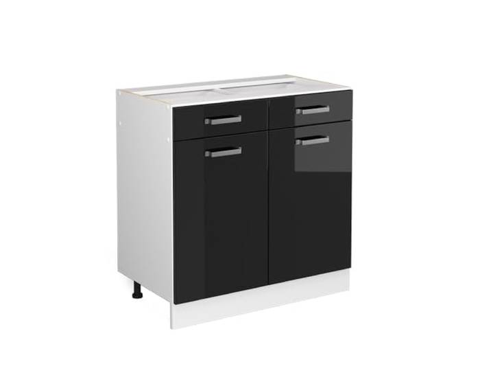Vicco Küchenunterschrank R-Line, Schwarz Hochglanz, 80 cm 2 Schubladen · Ohne Arbeitsplatte · Höhenverst. Füße · Metallgriffe · Leichter Zugriff