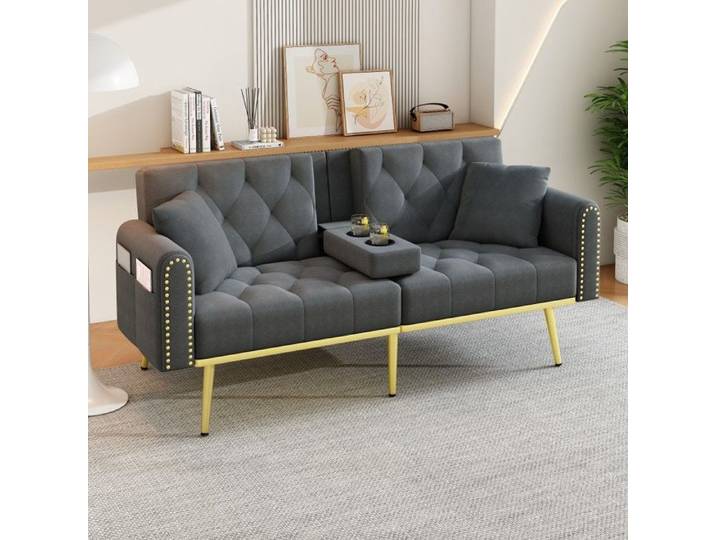 Canapé-lit 3 places convertible gris inclinable 3 positions avec porte-gobelets - idéal salon chambre guest 175x80x73 5cm