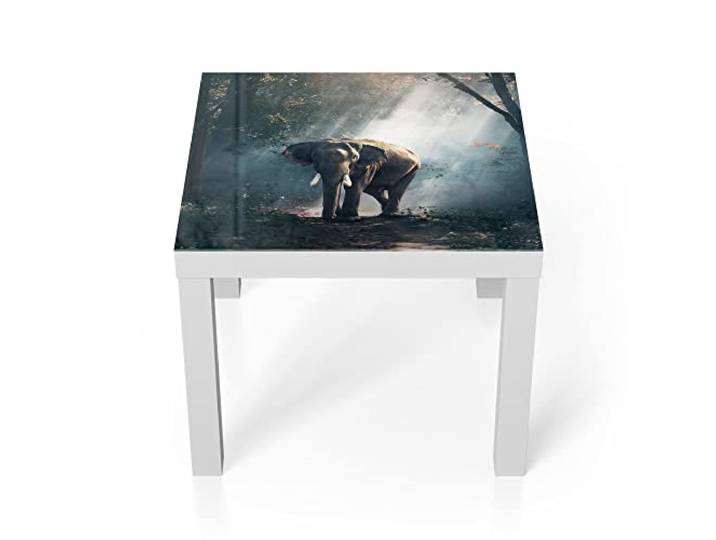 DEQORI Glastisch weiß klein 55x55 cm Motiv Elefant im Wald ausgefallener Beistelltisch aus Glas Hochglanz Couchtisch fürs Wohnzimmer moderner Couch Tisch mit Design