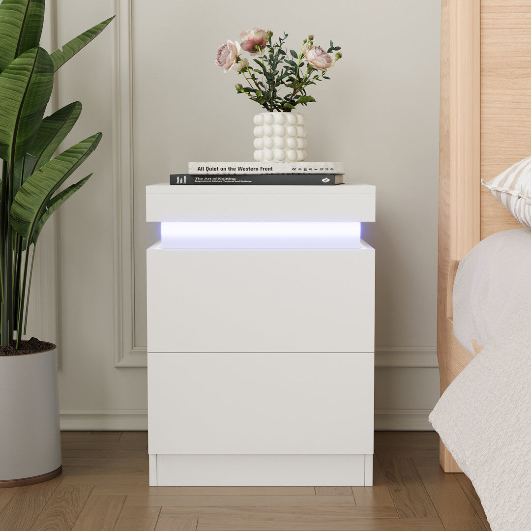PULUOMIS Bedside Table with Charging, 3 Layer Side Table with LED light, Remote and App Control White 60cm H X 45cm W X 40cm D