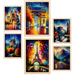 POSTER Set Mit 6 Herbst Im Ölgemälde Stil A3 & A4 Rahmen Aus Hellem Holz