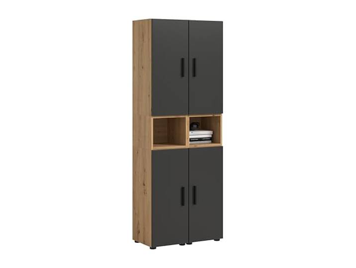xonox.home – Wohnkombination The One 65x178x34 cm in Artisan Oak und Basalt – Schmale hohe Vitrine mit 4 Türen – 10 Fächer garantieren platzsparende Ordnung in einem markanten, dunklen Holzlook