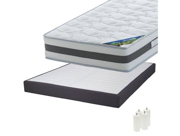 Seychelles - Pack Matelas 140x190 + Sommier Tapissier Démontable 2x20 Lattes Anthracites + Pieds Blancs 15cm