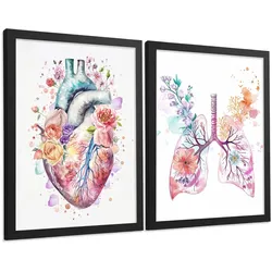 POSTER Set aus 2 Anatomie Mensch Drucke und Wandbilder mit Herz und Atmungssystem Floraler Stil Medizinische Wanddekoration Größe Schwarzer Rahmen A3