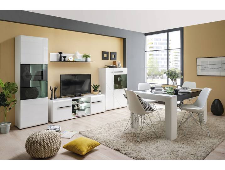 Wohnwand HOME AFFAIRE Trentino , weiss (weiß hochglanz mit schwarzen absetzungen), Kastenmöbel-Sets, Wohnwand, inkl. Vitrine, Lowboard, Highboard, Wandregal und Kommode