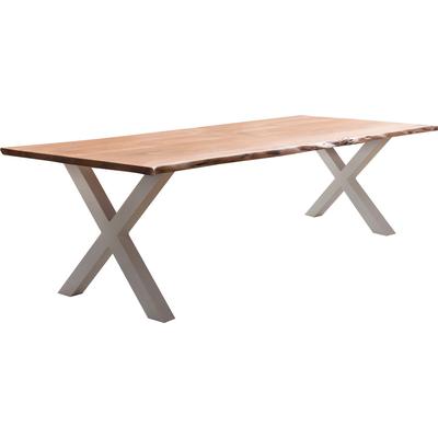 Esstisch HOME AFFAIRE "Manhattan", beige (natur, weiß, natur), B:240cm H:77cm T:100cm, Tische, Esstisch, mit Massivholzplatte Akazie lackiert, Baumkantentisch im Landhaus Stil