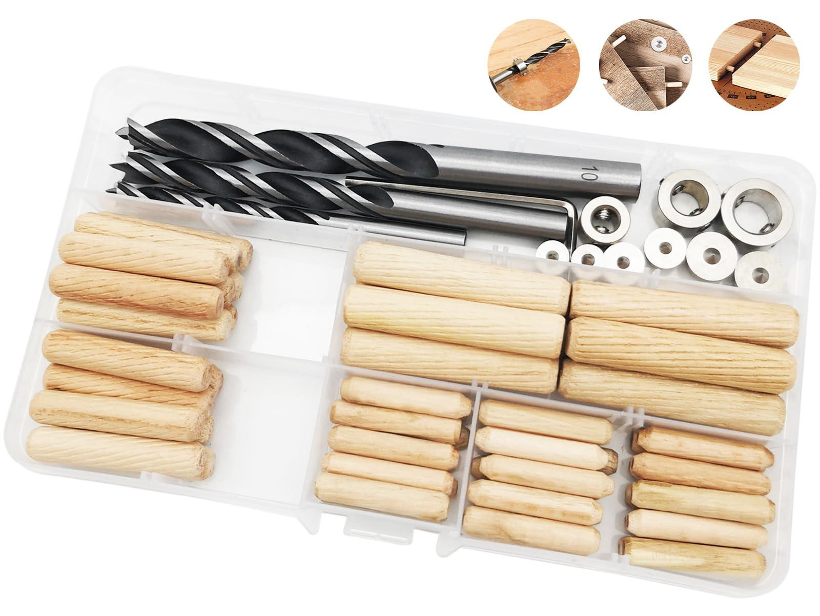 Houten plugset met 55 stuks en accessoires voor houtbewerking, diameters 6/8/10 mm