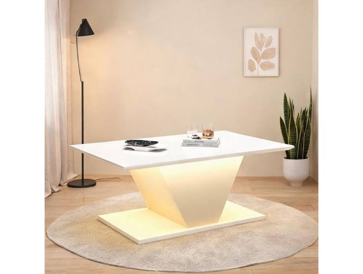 Table basse design V blanc brillant 100x50x46 cm avec éclairage LED intégré