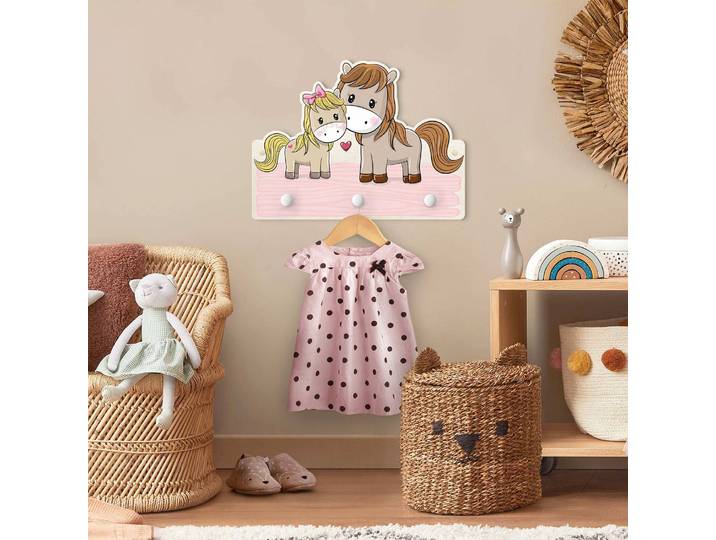 Patère enfants Cheval poney 40 x 30 x 1cm Rose foncé/Beige
