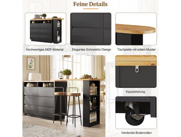 WOVREO Table bar extensible avec rangement 137-215 x 39 x 102 3 cm MDF noir 6 tiroirs