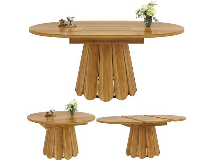 ELVORIN Table de salle a manger extensible ronde 118 a 158 cm MDF et metal effet bois marron jusqu a 6 personnes