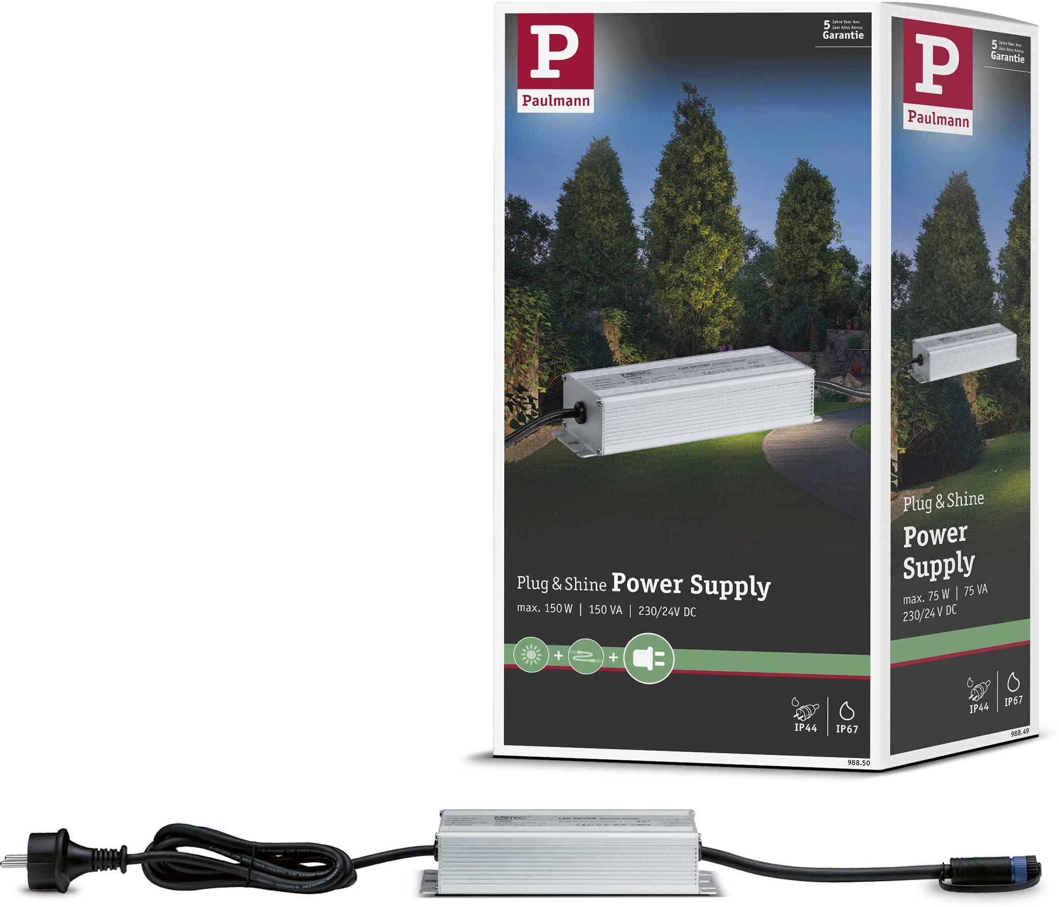 Trafo PAULMANN "Outdoor Plug & Shine Power Supply Silber Alu", silber (silberfarben, schwarz), B:7cm H:4cm T:19,1cm, Netzteile, Trafo, IP67 150W 24V DC