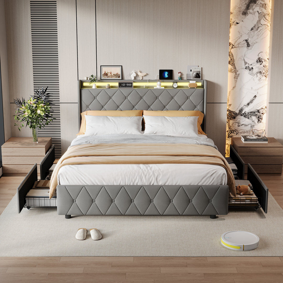 Ivy Bronx Upholstered Velvet Drawers Bed Grey European Kingsize (160 x 200 cm)