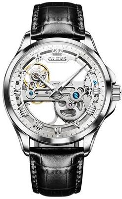 Everyday Crate OLEVS 6661 Automatic Mechanical Watch Mens Leather Dress Watch Waterproof Luminous Timepiece white + Silver