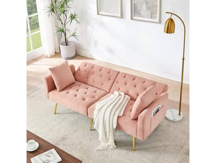 Ball & Cast Klappsofa, kleines Schlafsofa mit Schlaffunktion aus Samtstoff, 3-Fach verstellbare Winkel, praktische Mini-Couch für Wohnungen und Wohnzimmer, Rosa