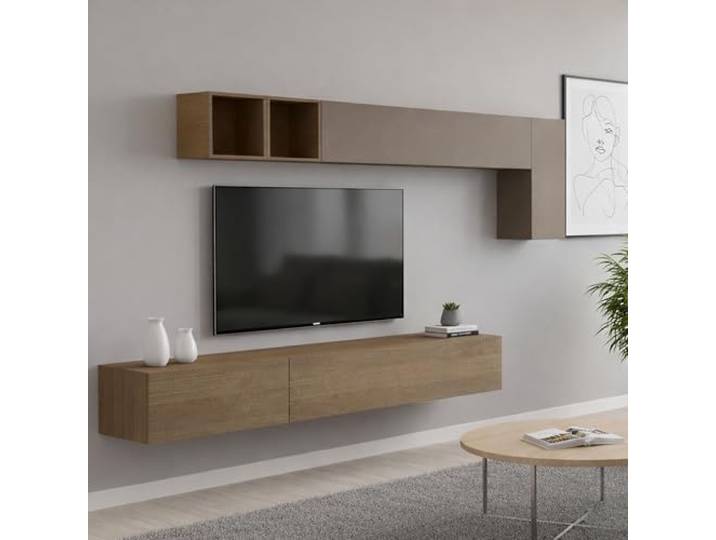 Dmora - Wohnzimmermöbel Talvacchia, Modulares Wohnzimmerset, Mehrzweck-Wohnzimmermöbel, TV-Schrank, Made in Italy, 276x30 h180 cm, Bronze und Nussbaum