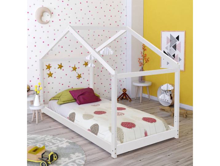 Lit cabane 90x190 sommier inclus Koala Blanc laqué