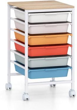 Costway 6-Drawer Rolling Storage Cart with Wooden Tabletop-Macaron
