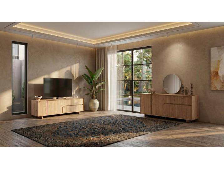 Xlmoebel Wohnzimmer-Set Braunes Wohnzimmer-Set großer TV-Schrank Konsole Spiegel modern TVl