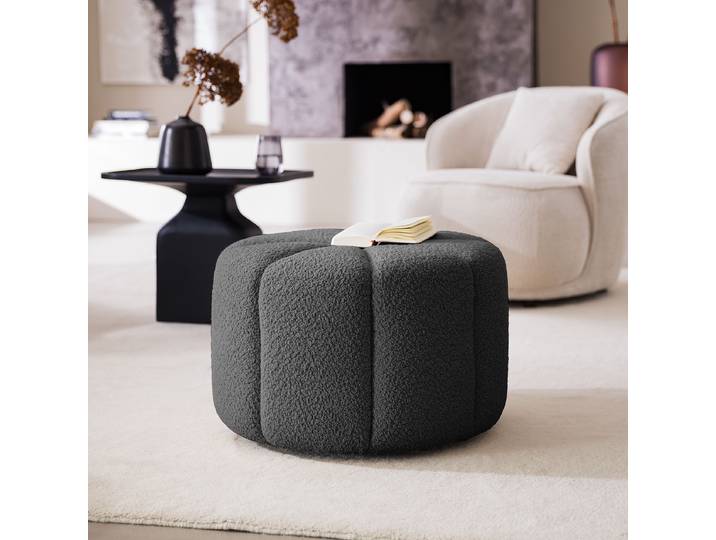 Pouf FORA 60 x 37 x 60cm Grau Teddy-Bouclé Stoff Bony: Anthrazit