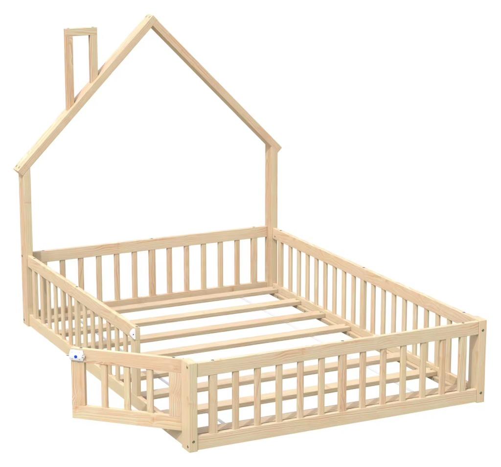 Kinderbett in Hausform - Hausbett - Massives Kiefernholz - Lattenrost - Zur Selbstmontage - Ohne Matratze - 140 × 190 cm - Natur