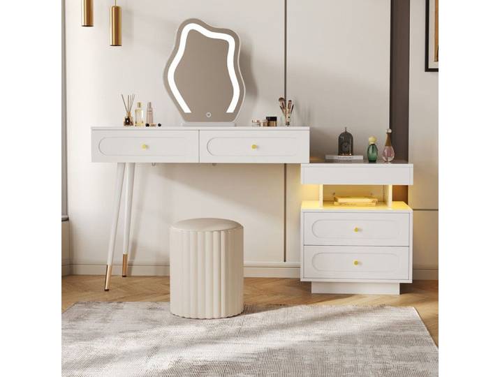 Coiffeuse avec miroir LED éclairage-coiffeuse blanche-avec 4 tiroirs spacieux+1 compartiment de rangement ouvert-blanc 140x40x130cm