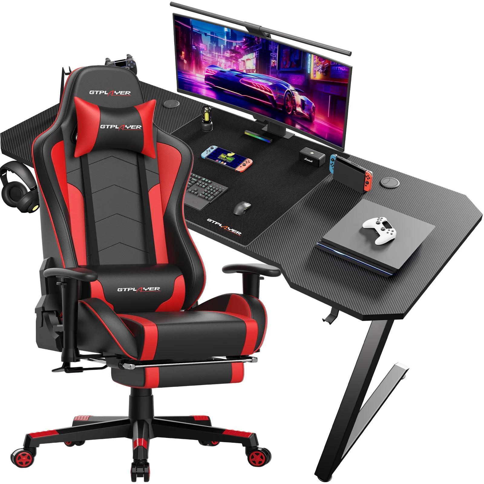 Gaming-Schreibtisch & Gaming-Stuhl Set - Z12 + GT890MF - Computertisch mit Stuhl - Leder + Carbonfaser - Moderner Stil - Montage erforderlich