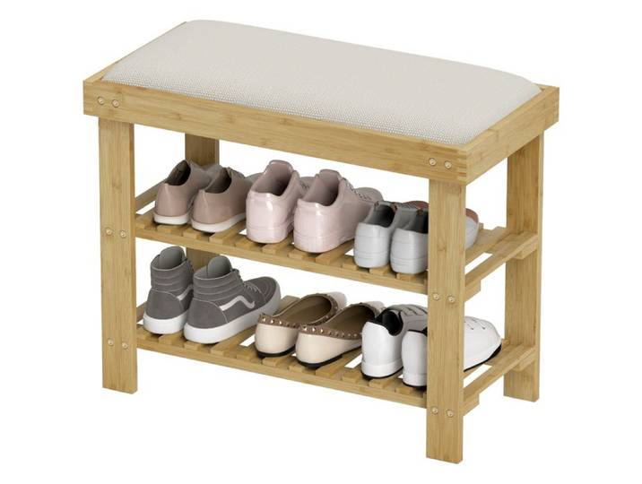 LIA Banc à chaussures en bambou étagère à chaussures à 3 niveaux style scandinave 60 x 29 x 49 cm crème et bois naturel