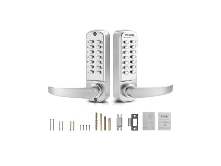 VEVOR Serrure à Code Mécanique à 14 Touches\, Serrure de Porte d'Entrée Sans Clé à Clavier Mécanique\, avec Poignée\, Double Face\, en Acier Inoxydable\, Étanche\, pour Maison\, Clôture Extérieure\, Argenté