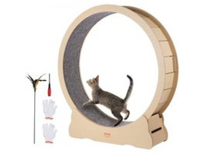 VEVOR Katzenlaufrad aus Holz, 132 cm großes Katzenlaufband für Hauskatzen, Katzenrad mit abnehmbarem Teppich und Katzenangel zum Laufen Trainieren, Sportspielzeuge für die meisten Katzen bis 13 kg