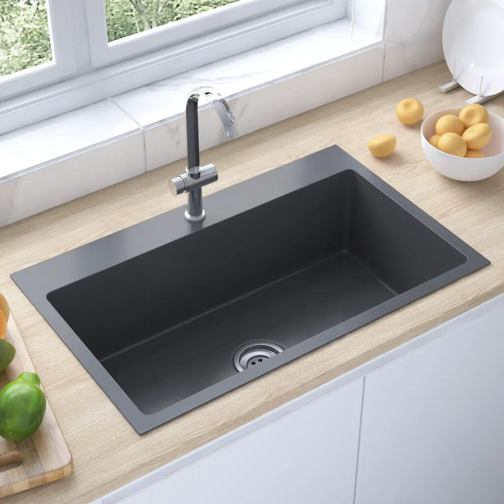 Belfry Kitchen Medora Handmade Kitchen Sink Stainless Steel Black 700mm L