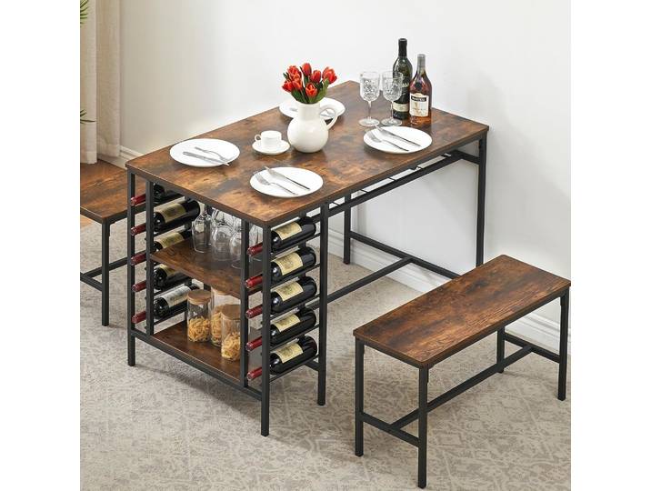 Ensemble de salle à manger pour 4 personnes, ensemble de table de cuisine pour 4 personnes avec 2 bancs, ensemble de salle à manger rectangulaire avec porte-bouteilles, ensemble de salle à manger en 3