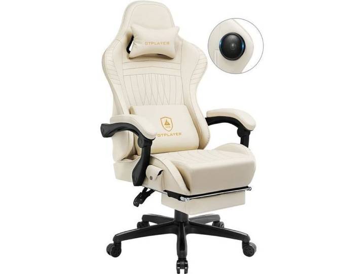 Chaise gaming - GTPLAYER - Chaise bureau avec repose-pied (Ivoire) - Haut-parleur Bluetooth - Accoudoirs synchronisés