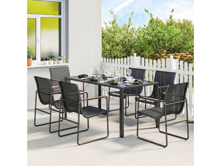 Outsunny Mobilier Jardin Table Verre 150x80cm + 6 Chaises Noires
