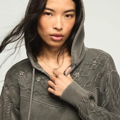 Lucky Brand Sweater Mix Hoodie - Women's Clothing Outerwear Sweatshirts Crewneck Hoodies in Raven, Size L