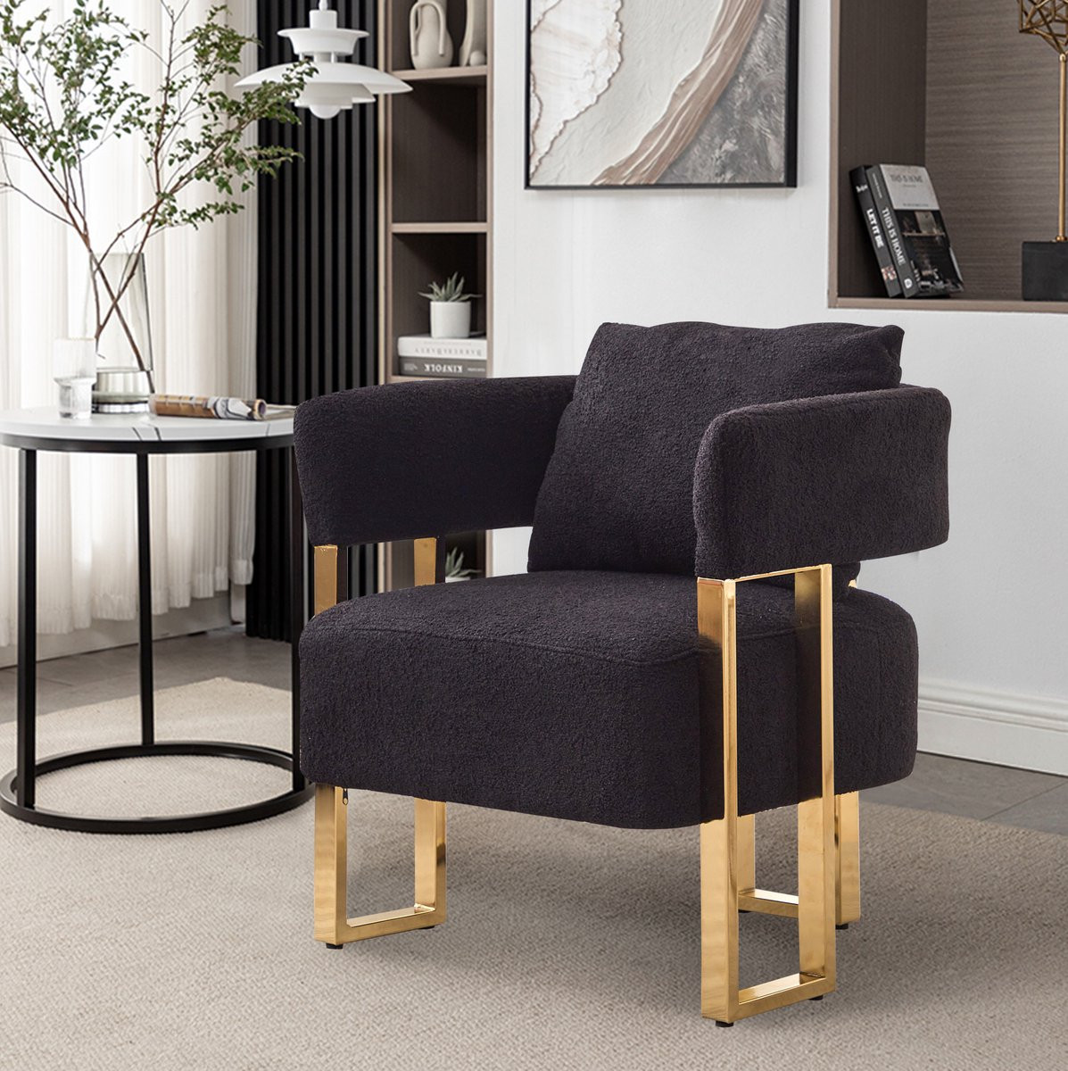 OKWISH Fauteuil Zwart Fluweel met Armleuningen en Zitkussen