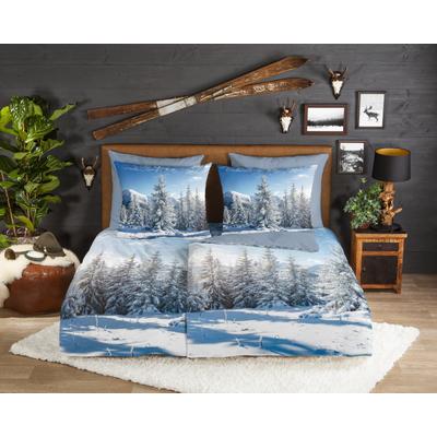Wendebettwäsche GOOD MORNING "Albert", blau, B/L: 155cm x 220cm, 1 Stk., 1 Stk., Flanell, B/L: 80cm x 80cm, 2 Stk., Flanell, Obermaterial: 100% Baumwolle, Bettwäsche, Wendebettwäsche, Flanell, Biber, Winter, Warm, Reißverschluss, Wendeoptik, Schnee