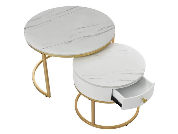 Flieks Couchtisch 2er Set Rund Hochglanz Marmoroptik Weiß, Weiß, Weiß Hochglanz, Goldfarben, 70x45x70 cm, Wohnzimmer, Wohnzimmertische, Couchtische