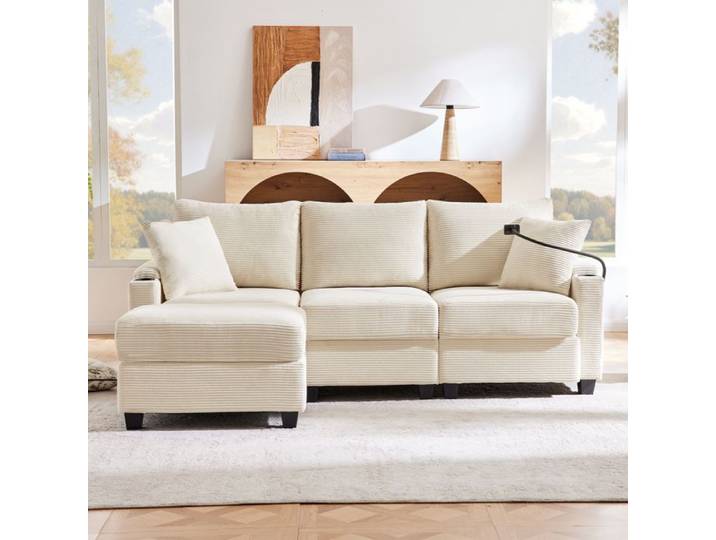 Canapé d'angle convertible en tissu Beige- 3 places. fauteuil d'angle réversible coffre lit modulable
