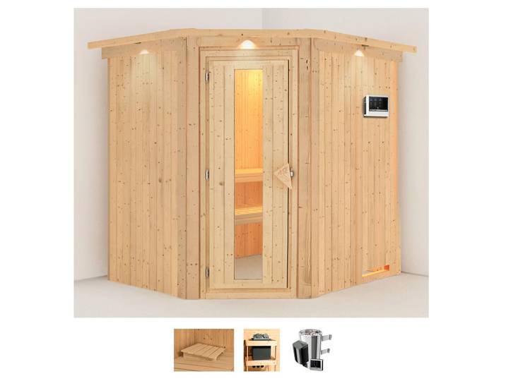 Sauna KARIBU Laila , beige (naturbelassen), Saunaofen, externe Steuerung, 3,6 kW, Saunen, Sauna, Ofen 3,6 kW externe Strg.easy