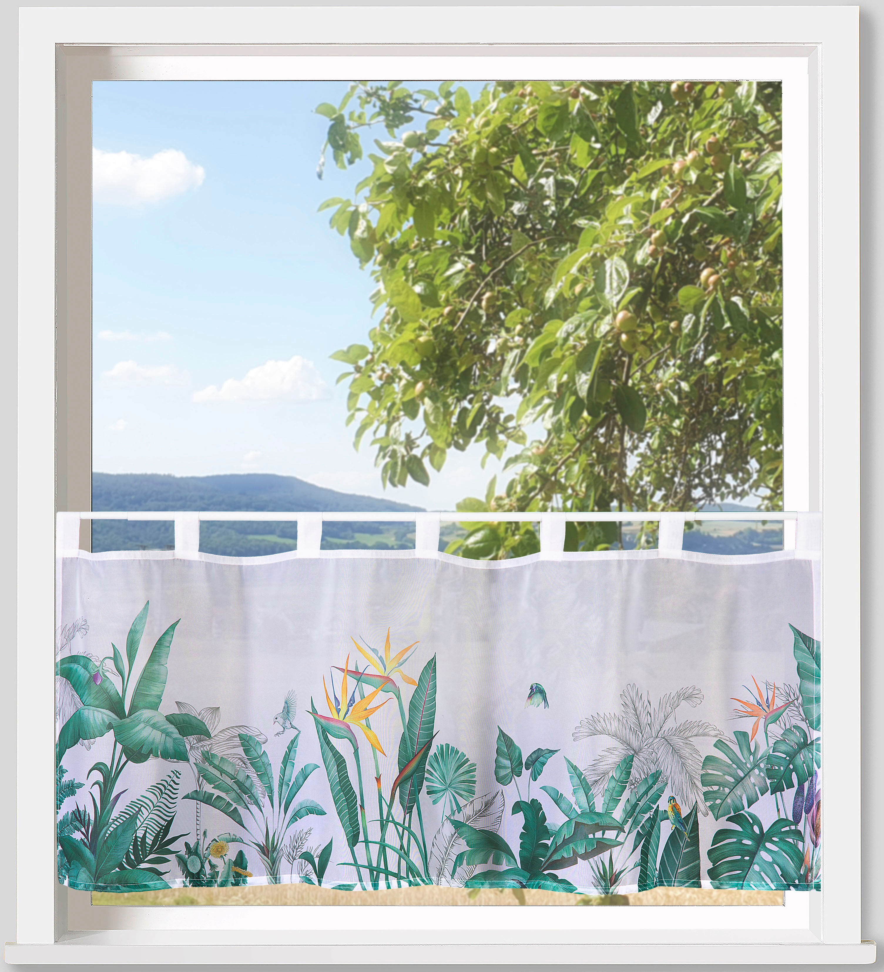 Scheibengardine WECKBRODT "Strelitzie" Gr. 1, bunt (multi), B:120cm H:45cm, Voile, Polyester, Gardinen, Scheibengardine, Bistro, Voile, bedruckt, transparent, HxB 45x120cm, Gardine, Store multi 45cm, Schlaufen, 120cm