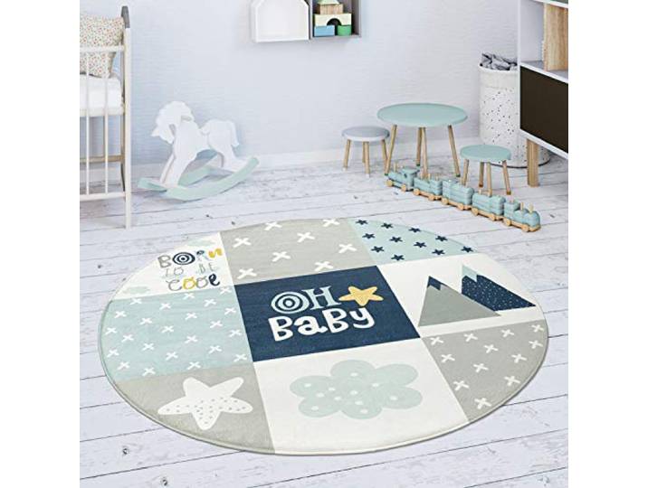 Paco Home Kinderteppich Teppich Kinderzimmer Spielmatte rutschfest Modern Rauten Sterne Grau Blau Weiß, Grösse:120 cm Rund