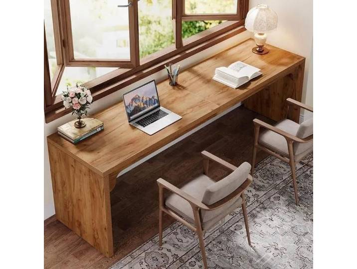 Bureau d'ordinateur extra-long en bois de 200 cm de long table d'écriture pour 2 personnes-marron