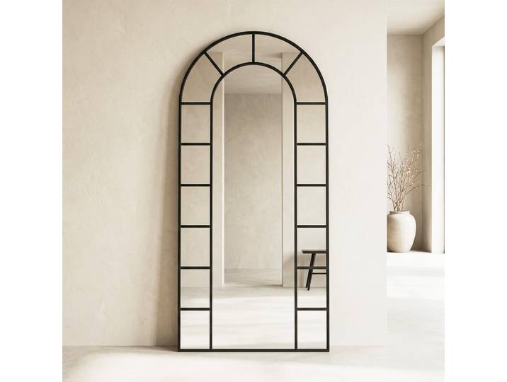 Miroir mural en arche style verrière avec cadre en métal noir 80 x 180 cm