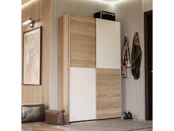Schwebetürenschrank Typ B 120 x 191 x 42cm Weiß/Beige/Weiß/Eiche Sonoma Dekor
