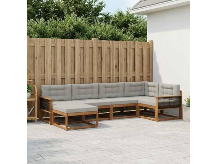 HFMDRMU Outdoor-Sofagarnitur mit Kissen 6 pcs aus massivem Akazienholz Natur und Hellgrau, Lattenrahmen-Design für Belüftung, modulare Sitzgarnitur für Garten und Patio