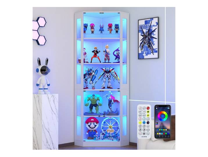 VOWNER Eckschrank 205 cm Beleuchtete Vitrine mit Glastüren, 5-stöckiges Eckregal (1-St) mit 3 Farblichtern & Bewegungssensor für Sammlerstücke, Bücher